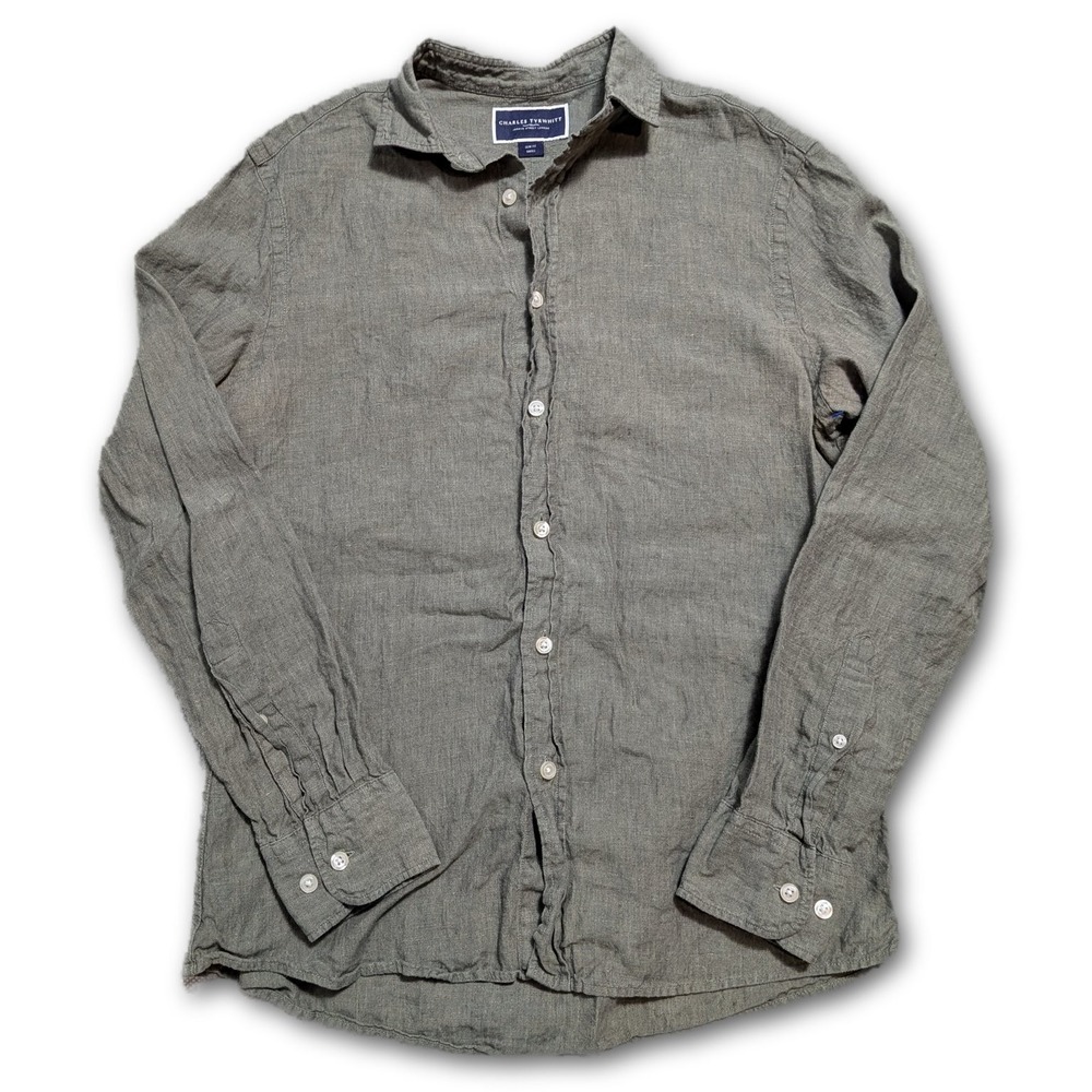 Charles Tyrwhitt Mens S Linen Button Down Shirt Olive Slim Fit CSR2052OLV